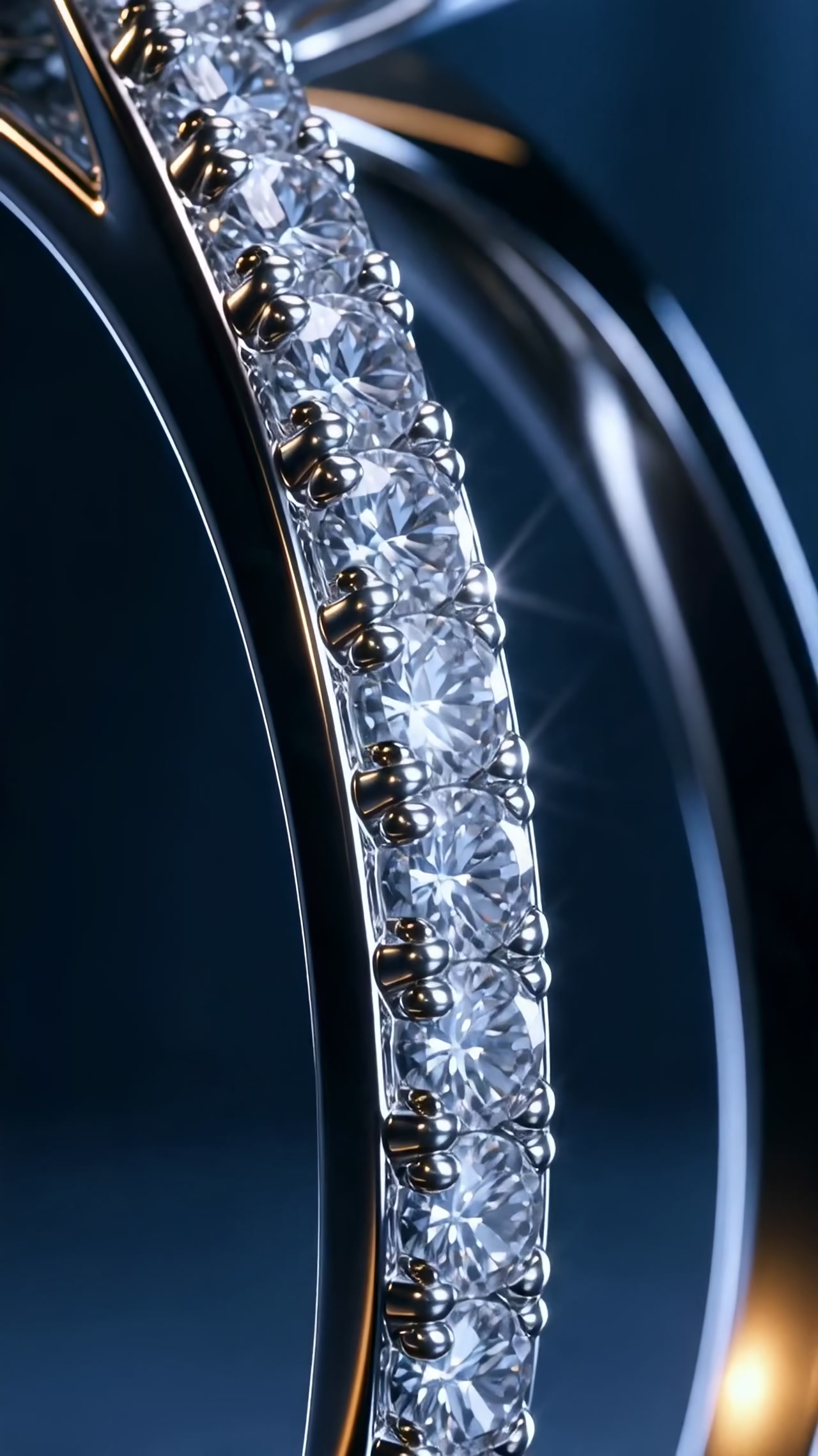 A close-up of a diamond ring on a dark reflective surface