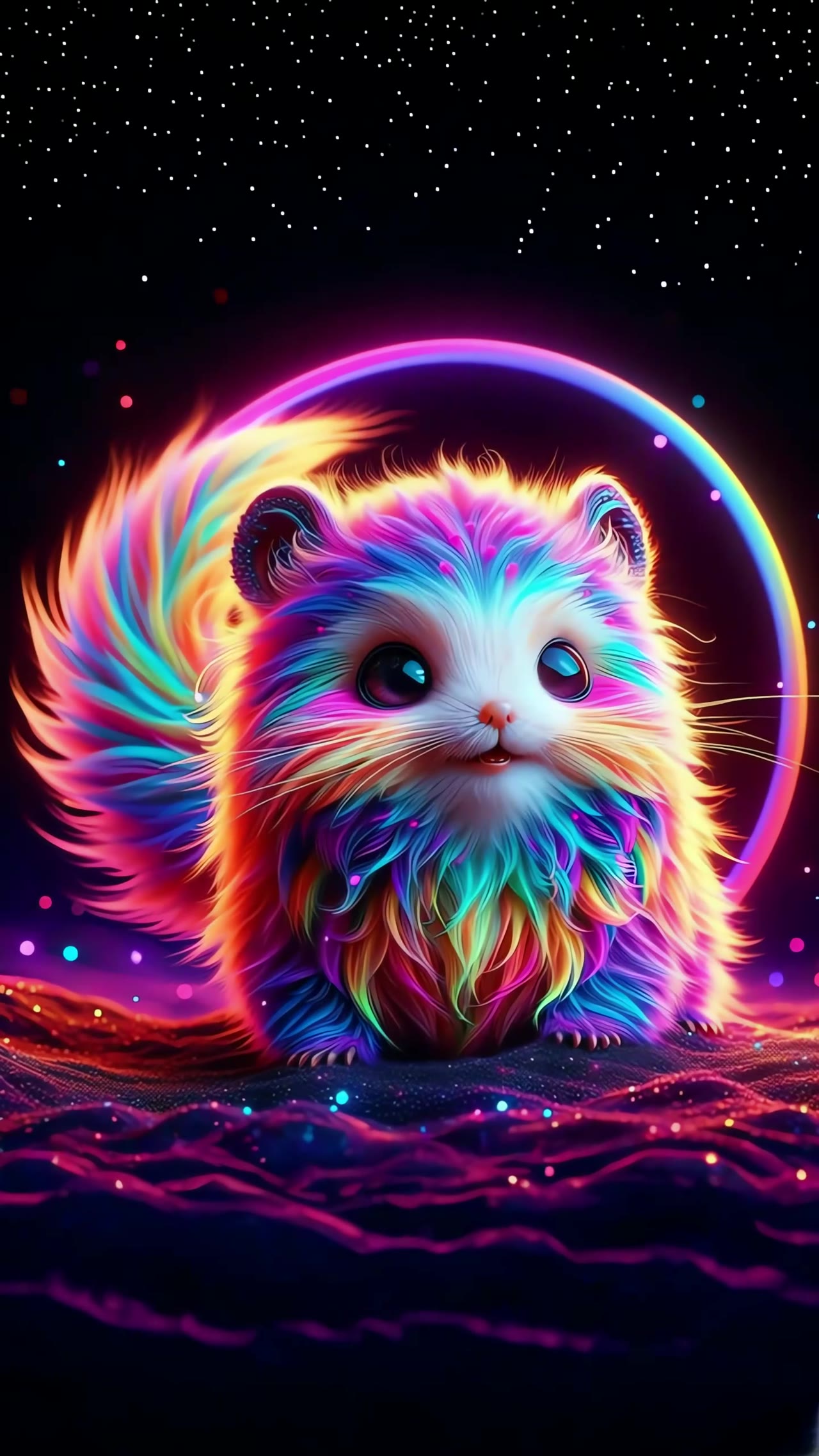A colorful neon cat portrait framed by a glowing ring