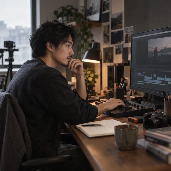 A creator reviewing video on a desktop monitor at a studio desk