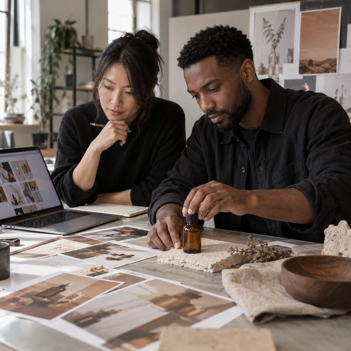 Two colleagues reviewing printed visual references at a shared desk